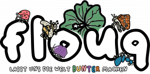 Logo flouq: der Schriftzug "flouq" mit den fünf flouq-Tieren — Hummel, Marienkäfer, Assel, Ameise und Schmetterling